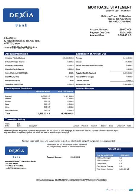 Download Israel Dexia Bank mortgage statement Word and PDF template Photoshop template